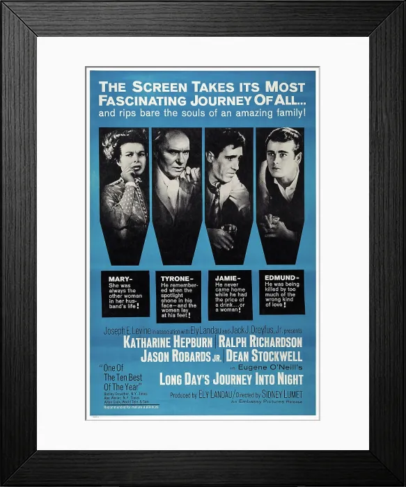 Framed Print : LONG DAY'S JOURNEY INTO NIGHT, l-r: Katharine Hepburn, Ralph Richardson, Jason Robards Jr. Dean Stockwell on poster art, 1962