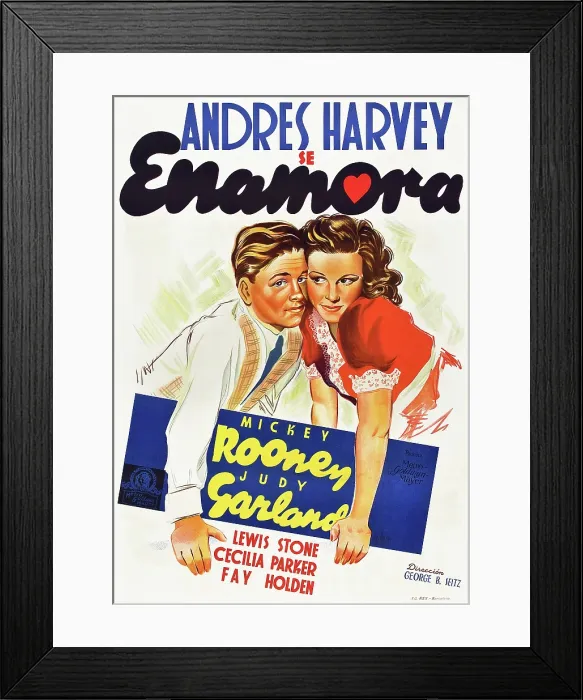 Framed Print : LOVE FINDS ANDY HARDY, (aka ANDRES HARVEY SE ENAMORA), l-r: Mickey Rooney, Judy Garland on Spanish poster art, 1938