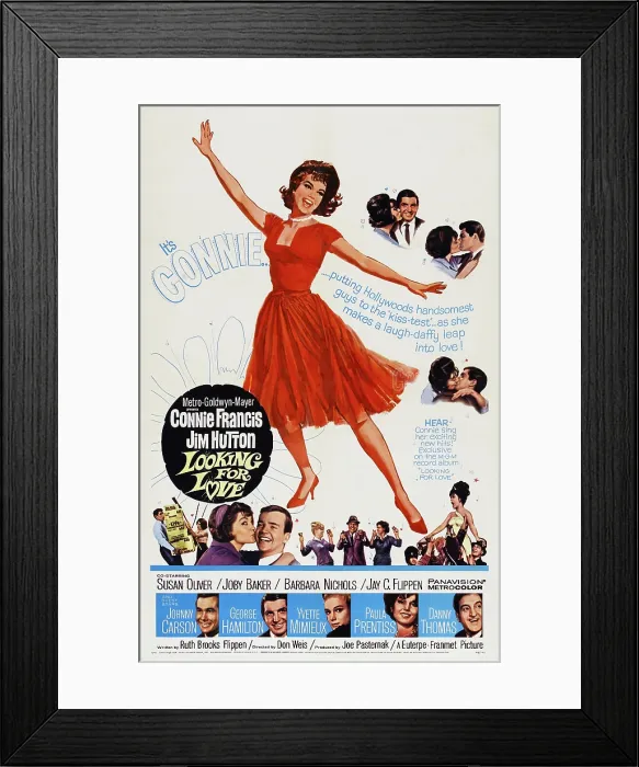 Framed Print : LOOKING FOR LOVE, US poster, Connie Francis, bottom from left: Johnny Carson, George Hamilton, Yvette Mimieux, Paula Prentiss, Danny Thomas, 1964