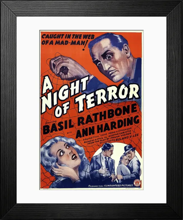 Framed Print : LOVE FROM A STRANGER, (aka A NIGHT OF TERROR), US re-release poster art, top: Basil Rathbone, bottom left: Ann Harding; inset from left: Basil Rathbone, Ann Harding, Bruce Seton