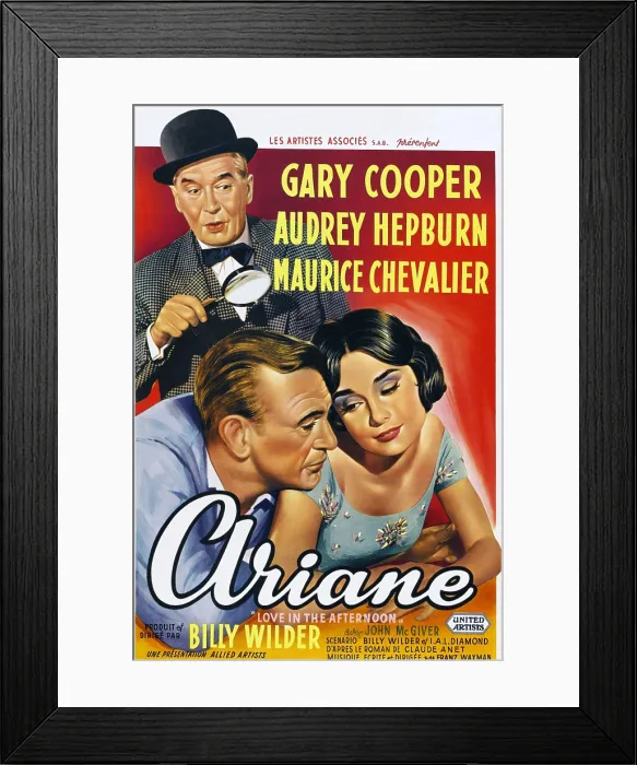 Framed Print : LOVE IN THE AFTERNOON, (aka ARIANE), top: Maurice Chevalier, bottom l-r: Gary Cooper, Audrey Hepburn on Belgian poster art, 1957