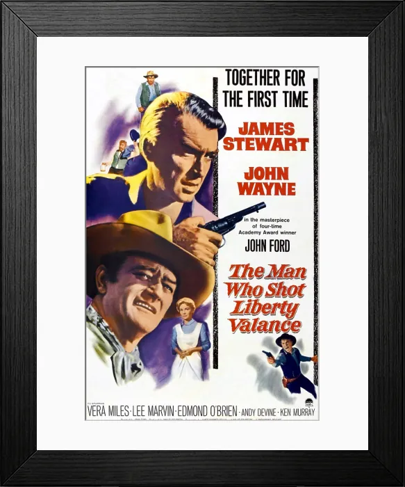 Framed Print : THE MAN WHO SHOT LIBERTY VALANCE, from top: Andy Devine, James Stewart, John Wayne, Vera Miles, bottom right: Lee Marvin, 1962, poster art