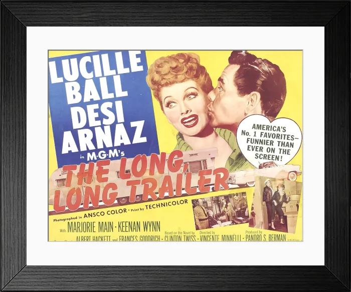 Framed Print : THE LONG LONG TRAILER, top l-r: Lucille Ball, Desi Arnaz on title lobbycard, 1954