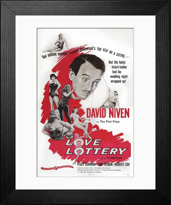 Framed Print : THE LOVE LOTTERY, US poster art, center: David Niven; below left: Peggy Cummins, 1954 Framed Print : THE LOVE LOTTERY, US poster art, center: David Niven; below left: Peggy Cummins, 1954