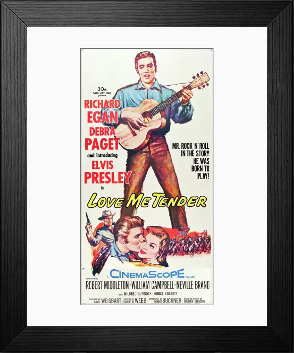 Framed Print : LOVE ME TENDER, top: Elvis Presley, bottom l-r: Richard Egan, Elvis Presley, Debra Paget on poster art, 1956, TM and Copyright 20th Century Fox Film Corp