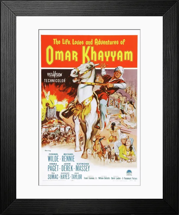 Framed Print : THE LIFE, LOVES AND ADVENTURES OF OMAR KHAYYAM, (aka OMAR KHYAAM), US poster, Cornel Wilde (riding horse), 1957