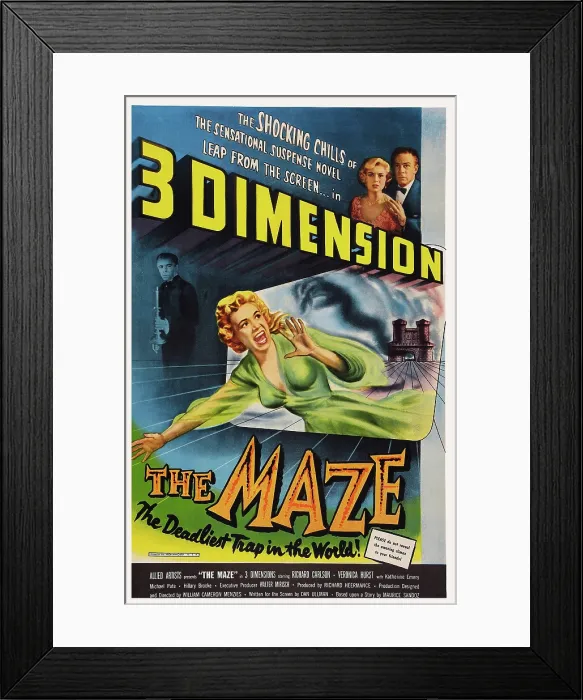 Framed Print : THE MAZE, background left: Michael Pate; top right, from left: Veronica Hurst, Richard Carlson, 1953 Framed Print : THE MAZE, background left: Michael Pate; top right, from left: Veronica Hurst, Richard Carlson, 1953