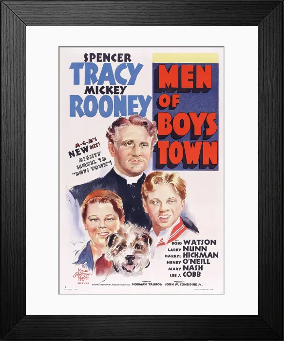 Framed Print : MEN OF BOYS TOWN, US poster art, from left: Spencer Tracy, Bobs Watson, Mickey Rooney, 1941