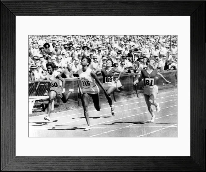 Framed Print : Wilma Rudolph, Winning the Women's 100-meter dash (center left), Edith McGuire (left), Galina Popova (center right), Maria Itkina (right), Stanford California, July 21, 1962
