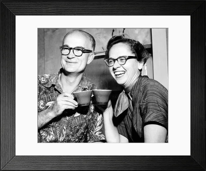 Framed Print : Physicist and inventor William Shockley (left), with his wife Emmy Lanning, after they learned that William won the Nobel physics prize for the invention of the transistor, 1956