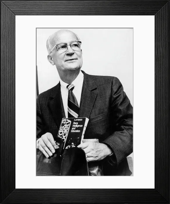 Framed Print : Physicist and inventor William Shockley, (1910-1989), holding Hans Eysenck's book Race, Intelligence and Education Framed Print : Physicist and inventor William Shockley, (1910-1989), holding Hans Eysenck's book Race, Intelligence and Education