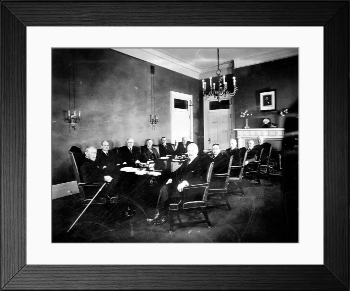 Framed Print : President Woodrow Wilson (left), and his cabinet (l-r): David F. Houston, A. Mitchell Palmer, Josephus Daniels, Edwin T. Meredith, William B. Wilson, Bainbridge Colby, Newton D