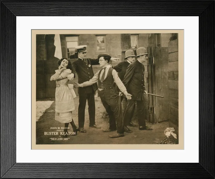 Framed Print : NEIGHBORS, lobbycard, front, from left: Virginia Fox, Edward F. Cline, Buster Keaton, 1920