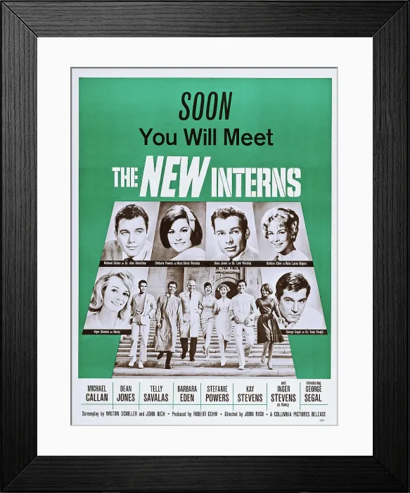 Framed Print : THE NEW INTERNS, top l-r: Michael Callan, Stefanie Powers, Dean Jones, Barbara Eden, bottom l-r: Inger Stevens, Michael Callan, Dean Jones, Telly Savalas, Stefanie Powers