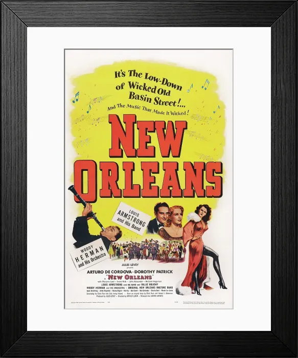 Framed Print : NEW ORLEANS, US poster art, left: Woody Herman; center couple: Arturo De Cordova, Dorothy Patrick, 1947 Framed Print : NEW ORLEANS, US poster art, left: Woody Herman; center couple: Arturo De Cordova, Dorothy Patrick, 1947