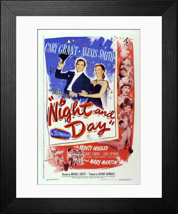 Framed Print : NIGHT AND DAY, left l-r: Cary Grant, Alexis Smith, right from top: Monty Woolley, Jane Wyman, Ginny Simms, Mary Martin on poster art, 1946 Framed Print : NIGHT AND DAY, left l-r: Cary Grant, Alexis Smith, right from top: Monty Woolley, Jane Wyman, Ginny Simms, Mary Martin on poster art, 1946