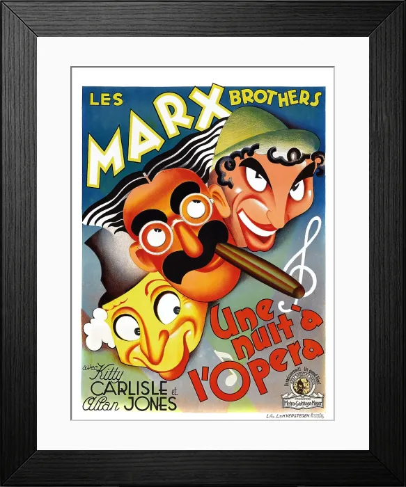 Framed Print : A NIGHT AT THE OPERA, (aka UNE NUIT A L'OPERA), from left on Belgian poster art: Harpo Marx, Groucho Marx, Chico Marx, 1935 Framed Print : A NIGHT AT THE OPERA, (aka UNE NUIT A L'OPERA), from left on Belgian poster art: Harpo Marx, Groucho Marx, Chico Marx, 1935