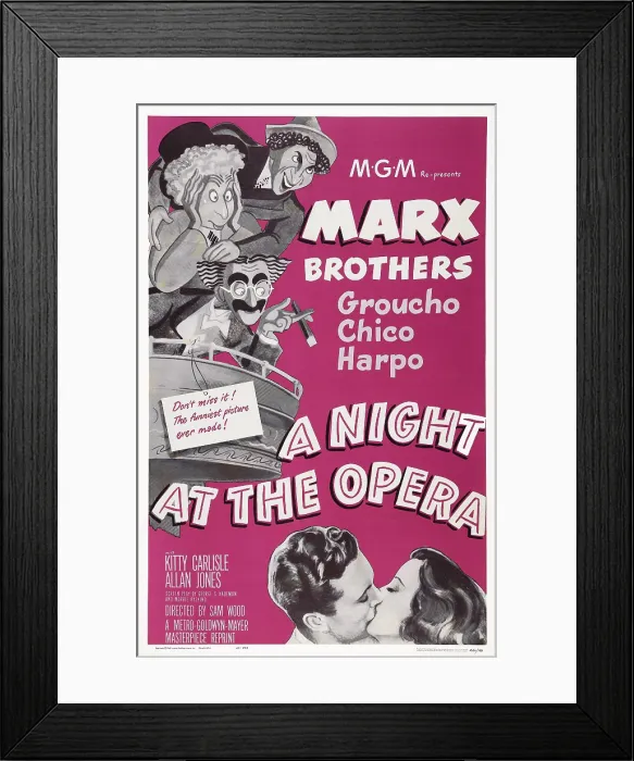 Framed Print : A NIGHT AT THE OPERA, US poster art, left from top: Chico Marx, Harpo Marx, Groucho Marx; bottom from left: Allan Jones, Kitty Carlisle, 1935