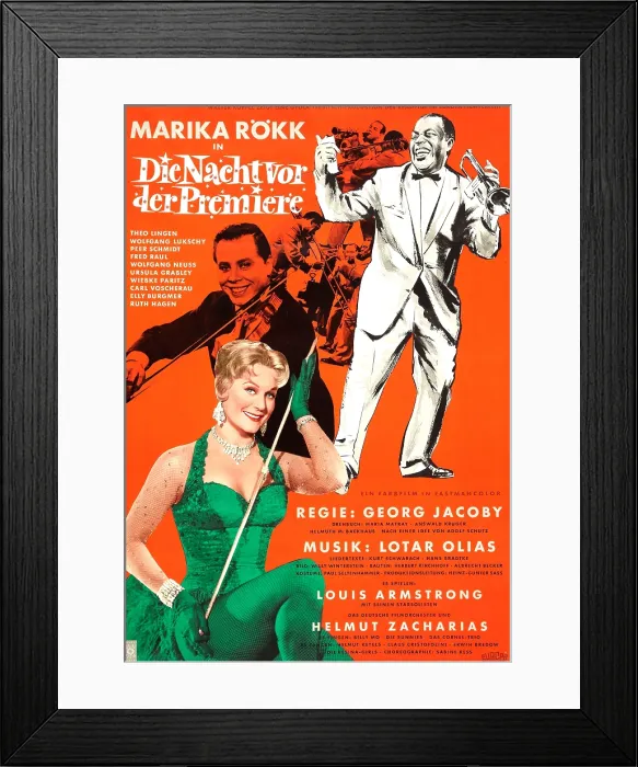 Framed Print : THE NIGHT BEFORE THE PREMIER, (aka DIE NACHTVOR DER PREMIERE), German poster, from top: Louis Armstrong (aka Satchmo), Helmut Zacharias, Marika Rokk, 1959 Framed Print : THE NIGHT BEFORE THE PREMIER, (aka DIE NACHTVOR DER PREMIERE), German poster, from top: Louis Armstrong (aka Satchmo), Helmut Zacharias, Marika Rokk, 1959