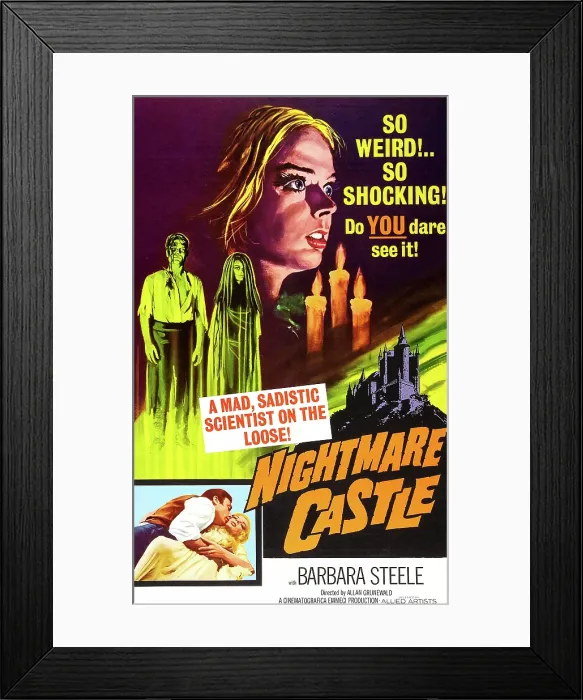 Framed Print : NIGHTMARE CASTLE, (aka AMANTI D'OLTRETOMBA), poster art, top: Barbara Steele; middle left, from left: Rick Battaglia (aka Rik Battaglia') Framed Print : NIGHTMARE CASTLE, (aka AMANTI D'OLTRETOMBA), poster art, top: Barbara Steele; middle left, from left: Rick Battaglia (aka Rik Battaglia')