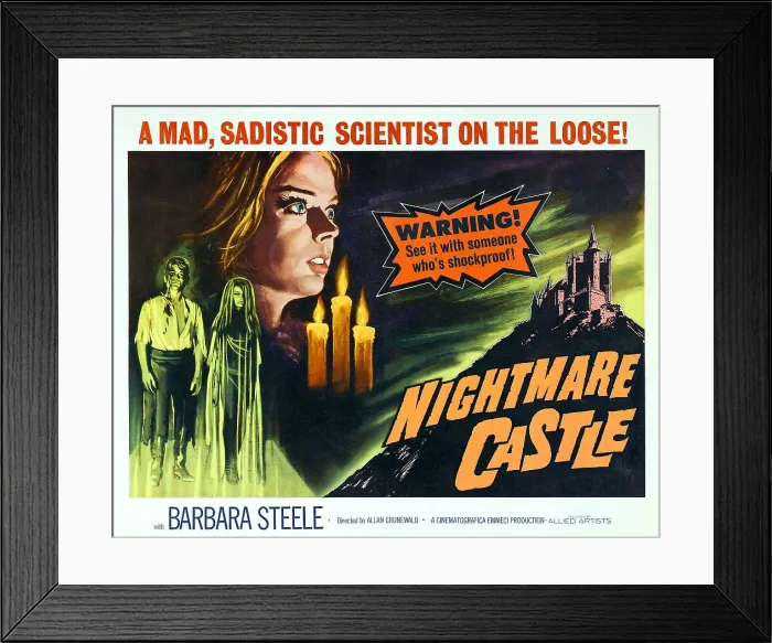 Framed Print : NIGHTMARE CASTLE, (aka AMANTI D'OLTRETOMBA), top left: Barbara Steele; bottom left, from left: Rick Battaglia (aka Rik Battaglia'), Barbara Steele; half-sheet poster