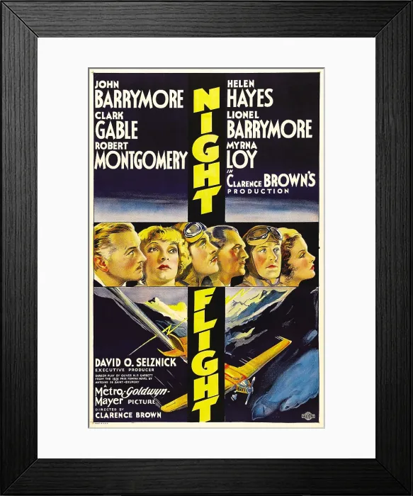 Framed Print : NIGHT FLIGHT, from left: John Barrymore, Helen Hayes, Clark Gable, Lionel Barrymore, Robert Montgomery, Myrna Loy, 1933