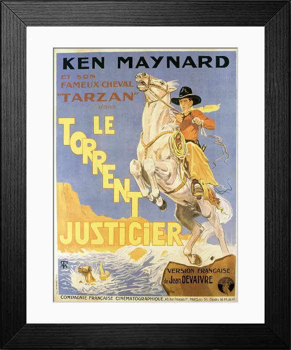 Framed Print : MOUNTAIN JUSTICE, (aka LE TORRENT JUSTICIER), French poster art, Ken Maynard, 1930
