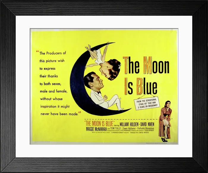Framed Print : THE MOON IS BLUE, poster art, Maggie McNamara, William Holden, 1953 Framed Print : THE MOON IS BLUE, poster art, Maggie McNamara, William Holden, 1953