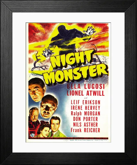 Framed Print : NIGHT MONSTER, from top: Bela Lugosi, Lionel Atwill, Ralph Morgan, Irene Hervey, Don Porter on midget window card, 1942 Framed Print : NIGHT MONSTER, from top: Bela Lugosi, Lionel Atwill, Ralph Morgan, Irene Hervey, Don Porter on midget window card, 1942