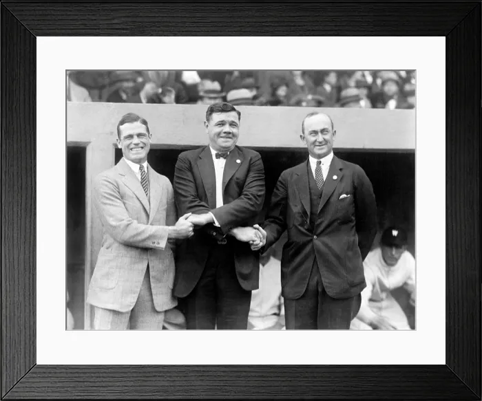 Framed Print : George Sisler, Babe Ruth and Ty Cobb shaking hands at the 1924 World's Series, 1924 Framed Print : George Sisler, Babe Ruth and Ty Cobb shaking hands at the 1924 World's Series, 1924