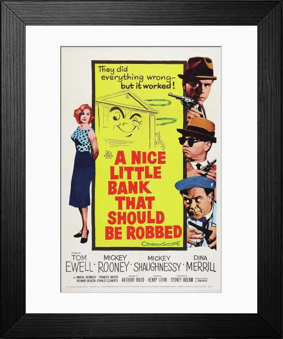 Framed Print : A NICE LITTLE BANK THAT SHOULD BE ROBBED, US poster art, clockwise from left: Dina Merrill, Tom Ewell, Mickey Rooney, Mickey Shaughnessy, 1958