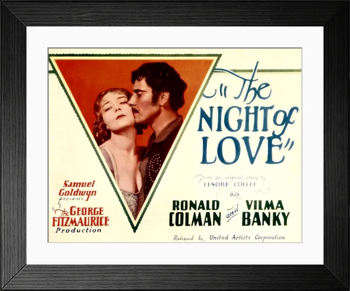 Framed Print : THE NIGHT OF LOVE, l-r: Vilma Banky, Ronald Colman on title lobbycard, 1927