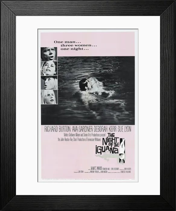 Framed Print : THE NIGHT OF THE IGUANA, left from top: Richard Burton, Ava Gardner, Deborah Kerr, Sue Lyon, right: Richard Burton, Sue Lyon on poster art, 1964 Framed Print : THE NIGHT OF THE IGUANA, left from top: Richard Burton, Ava Gardner, Deborah Kerr, Sue Lyon, right: Richard Burton, Sue Lyon on poster art, 1964