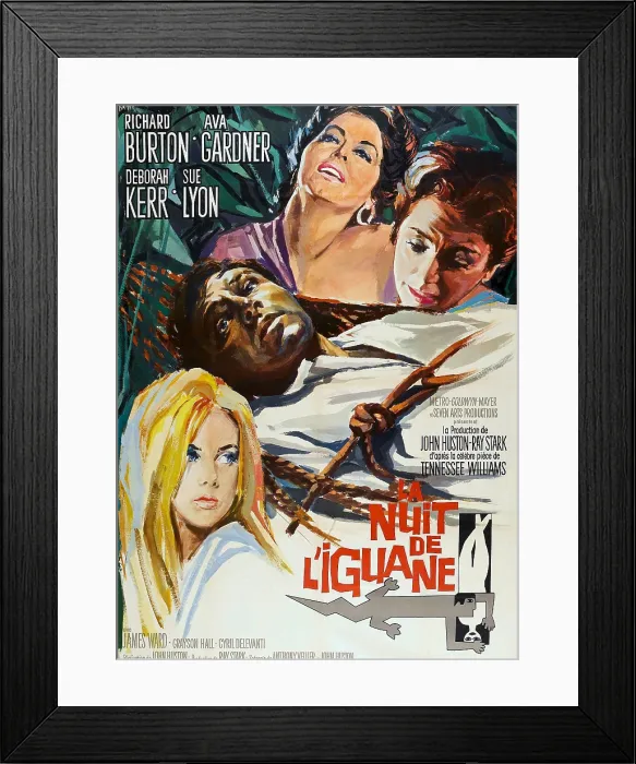 Framed Print : THE NIGHT OF THE IGUANA, (aka LA NUIT DE L'IGUANE), top l-r: Ava Gardner, Deborah Kerr, center: Richard Burton, bottom left: Sue Lyon on French poster art, 1964 Framed Print : THE NIGHT OF THE IGUANA, (aka LA NUIT DE L'IGUANE), top l-r: Ava Gardner, Deborah Kerr, center: Richard Burton, bottom left: Sue Lyon on French poster art, 1964