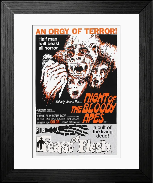 Framed Print : NIGHT OF THE BLOODY APES, 1969, FEAST OF FLESH, (aka BLOOD FEAST), 1963, US poster Framed Print : NIGHT OF THE BLOODY APES, 1969, FEAST OF FLESH, (aka BLOOD FEAST), 1963, US poster