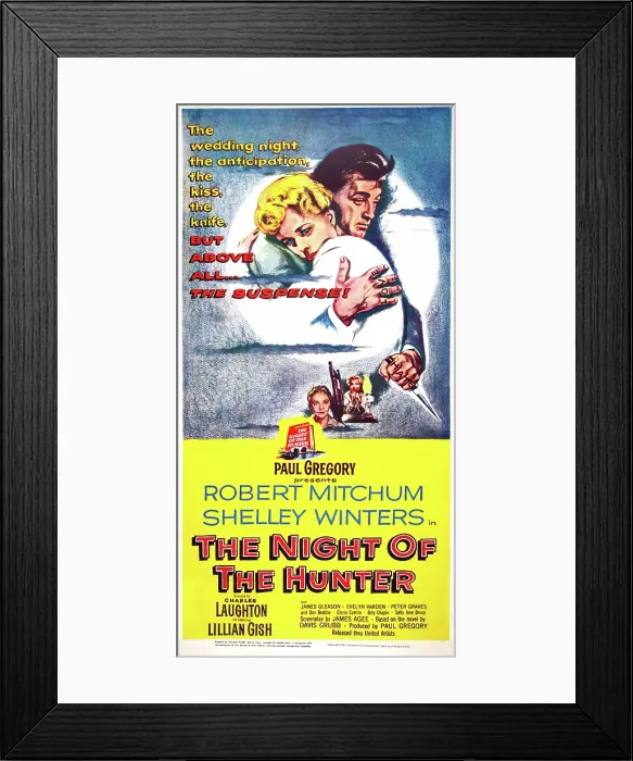 Framed Print : THE NIGHT OF THE HUNTER, top l-r: Shelley Winters, Robert Mitchum, bottom, Lillian Gish, Bily Chapin on poster art, 1955