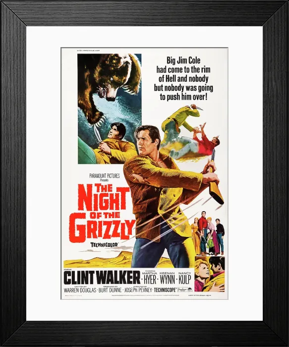 Framed Print : THE NIGHT OF THE GRIZZLY, US poster art, Clint Walker, (center), Martha Hyer, (bottom, second right), 1966 Framed Print : THE NIGHT OF THE GRIZZLY, US poster art, Clint Walker, (center), Martha Hyer, (bottom, second right), 1966