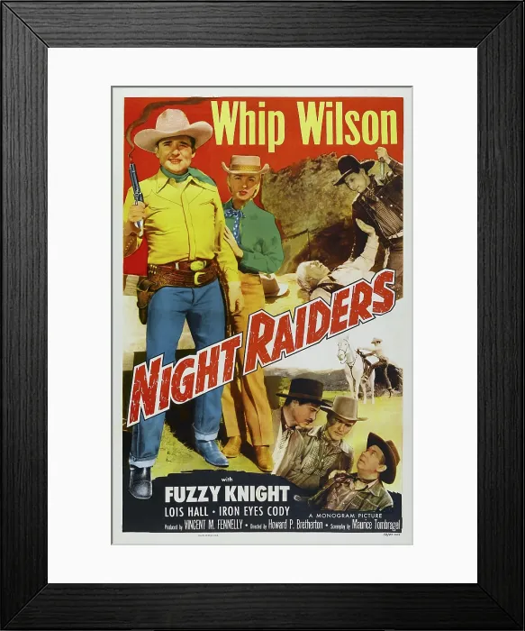 Framed Print : NIGHT RAIDERS, US poster, top from left: Whip Wilson, Lois Hal, Iron Eyes Cody (right), bottom from left: Marshall Reed, Lane Bradford, Fuzzy Knight, 1952 Framed Print : NIGHT RAIDERS, US poster, top from left: Whip Wilson, Lois Hal, Iron Eyes Cody (right), bottom from left: Marshall Reed, Lane Bradford, Fuzzy Knight, 1952
