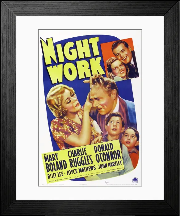 Framed Print : NIGHT WORK, poster art, bottom l-r: Mary Boland, Charlie Ruggles, Donald O'Connor, Billy Lee, inset l-r: Joyce Mathews, John Harltey, 1939 Framed Print : NIGHT WORK, poster art, bottom l-r: Mary Boland, Charlie Ruggles, Donald O'Connor, Billy Lee, inset l-r: Joyce Mathews, John Harltey, 1939