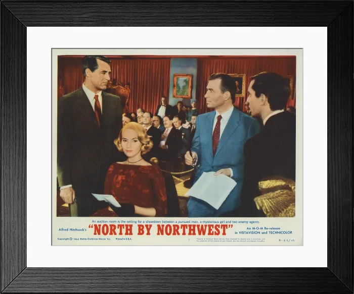 Framed Print : NORTH BY NORTHWEST, Lobbycard, from left, Cary Grant, Eva Marie Saint, James Mason, Martin Landau, 1959