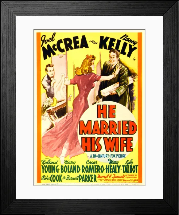 Framed Print : HE MARRIED HIS WIFE, from left: Roland Young, Nancy Kelly, Joel McCrea on window card, 1940, TM and Copyright 20th Century Fox Film Corp Framed Print : HE MARRIED HIS WIFE, from left: Roland Young, Nancy Kelly, Joel McCrea on window card, 1940, TM and Copyright 20th Century Fox Film Corp