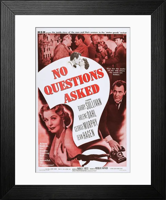 Framed Print : NO QUESTIONS ASKED, US poster art, bottom from left: Arlene Dahl, Barry Sullivan, 1951 Framed Print : NO QUESTIONS ASKED, US poster art, bottom from left: Arlene Dahl, Barry Sullivan, 1951