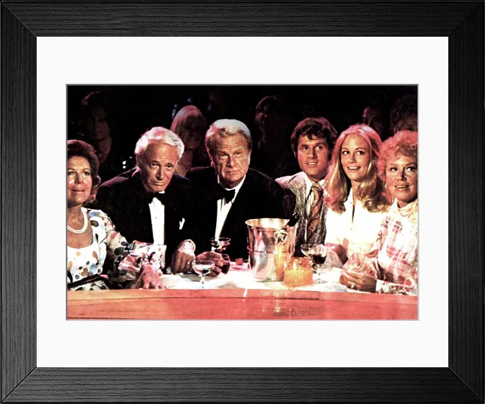 Framed Print : THE HEARTBREAK KID, from left: Augusta Dabney, William Prince, Eddie Albert, Charles Grodin, Cybill Shepherd, Audra Lindley, 1972
