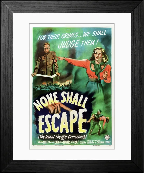 Framed Print : NONE SHALL ESCAPE, US poster art, Marsha Hunt, (right), 1944 Framed Print : NONE SHALL ESCAPE, US poster art, Marsha Hunt, (right), 1944