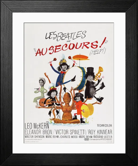 Framed Print : HELP!, (aka AU SECOURS!), French poster art, top: Ringo Starr, Paul McCartney; bottom. Eleanor Bron, George Harrison, John Lennon, 1965 Framed Print : HELP!, (aka AU SECOURS!), French poster art, top: Ringo Starr, Paul McCartney; bottom. Eleanor Bron, George Harrison, John Lennon, 1965