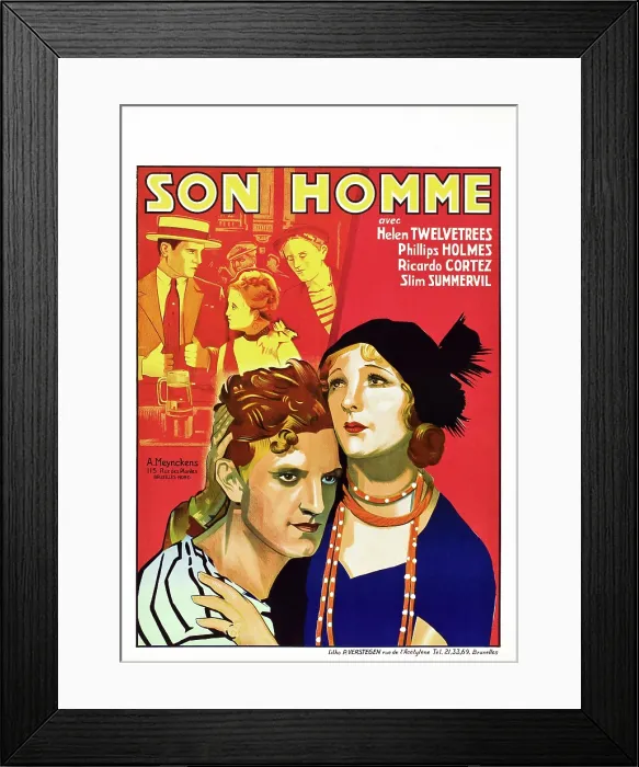 Framed Print : HER MAN, (aka SON HOMME), top l-r: Ricardo Cortez, Helen Twelvetrees, Phillips Holmes, bottom l-r: Phillips Holmes, Helen Twelvetrees on Belgian poster art, 1930