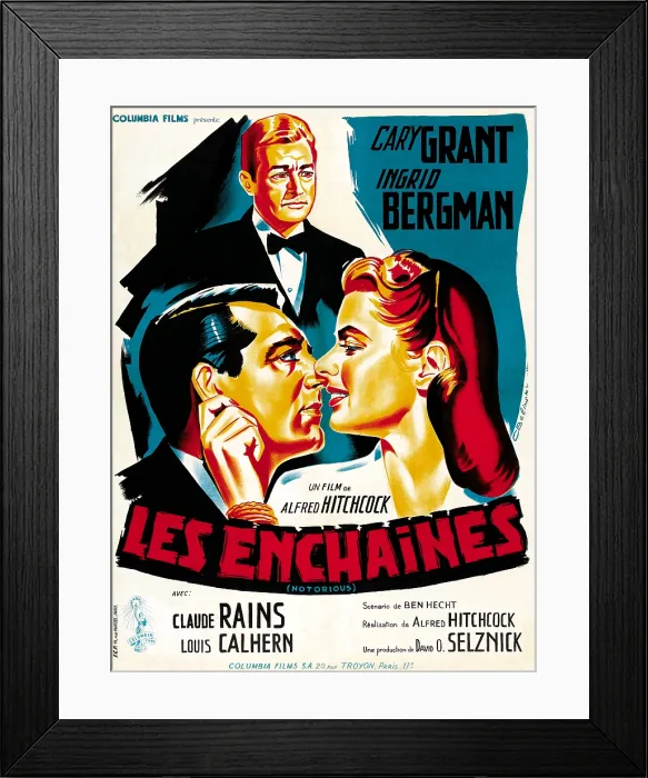 Framed Print : NOTORIOUS, (aka LES ENCHAINES), clockwise from top on French 1954 rerelease poster art: Claude Rains, Ingrid Bergman, Cary Grant, 1946
