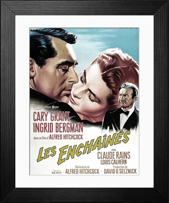 Framed Print : NOTORIOUS, French 1963 re-release poster art, Cary Grant, Ingrid Bergman, Claude Rains, 1946