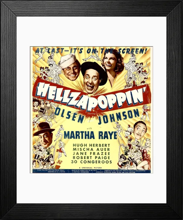 Framed Print : HELLZAPOPPIN, top from left: Ole Olsen, Chic Johnson, Martha Raye, bottom from left: Hugh Herbert, Mischa Auer on window card, 1941