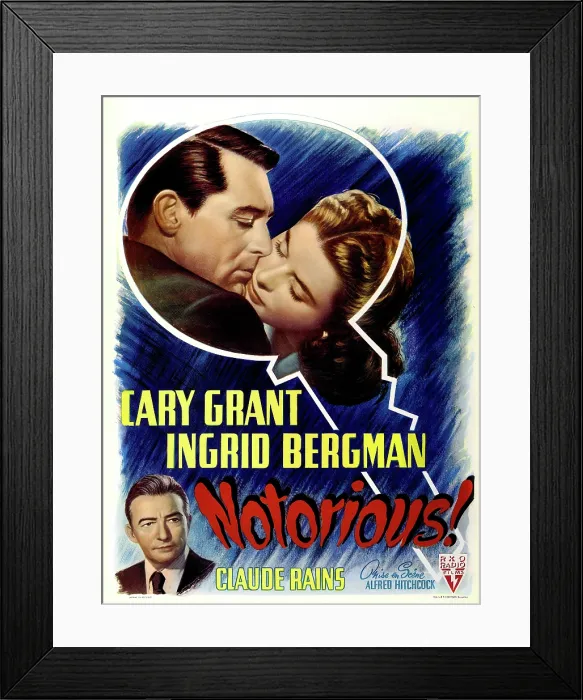 Framed Print : NOTORIOUS, top from left: Cary Grant, Ingrid Berman; bottom left: Claude Rains on Belgian poster art, 1946